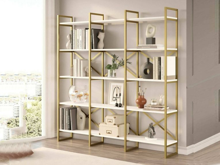 Libreria Bianco oro 5 Ripiani Struttura Verticale 170x30x175h cm, Colore Struttura oro - Gauro