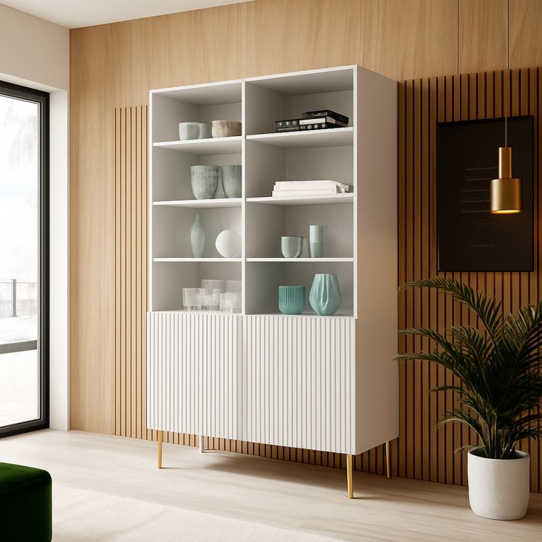 Libreria Bianco oro un Ripiano Piedini oro 100x42x177h cm, 2 Ante - Maierato