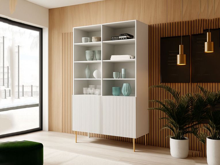 Libreria Bianco oro un Ripiano Piedini oro 100x42x177h cm, 2 Ante - Maierato