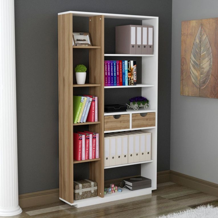 Libreria Bianco Rovere Marrone 8 Ripiani 2 Cassetti 80x25x189h cm, Installazione Libera - Imer