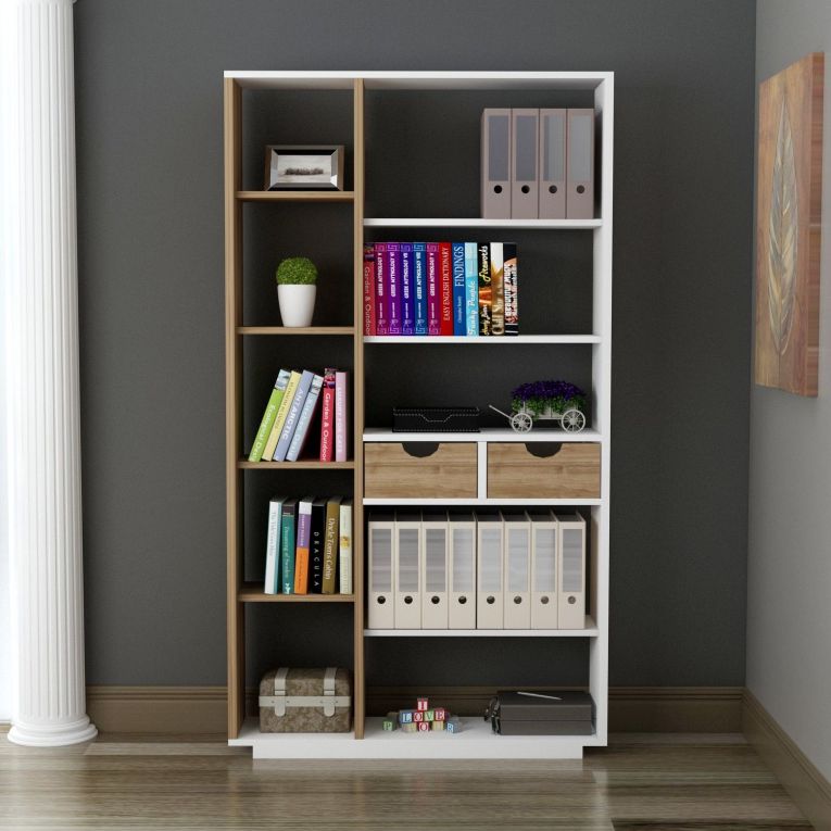 Libreria Bianco Rovere Marrone 8 Ripiani 2 Cassetti 80x25x189h cm, Installazione Libera - Imer