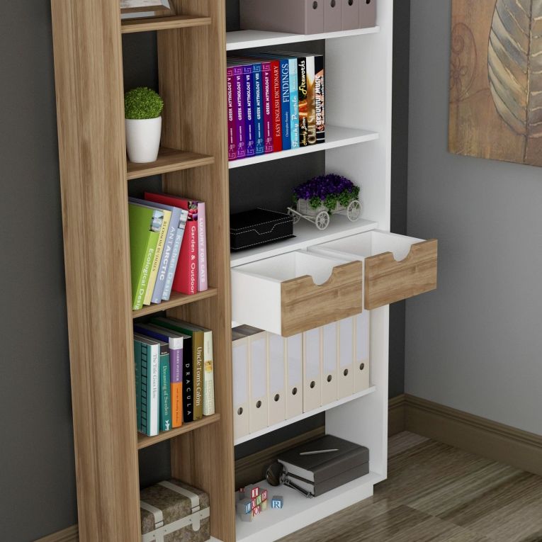 Libreria Bianco Rovere Marrone 8 Ripiani 2 Cassetti 80x25x189h cm, Installazione Libera - Imer