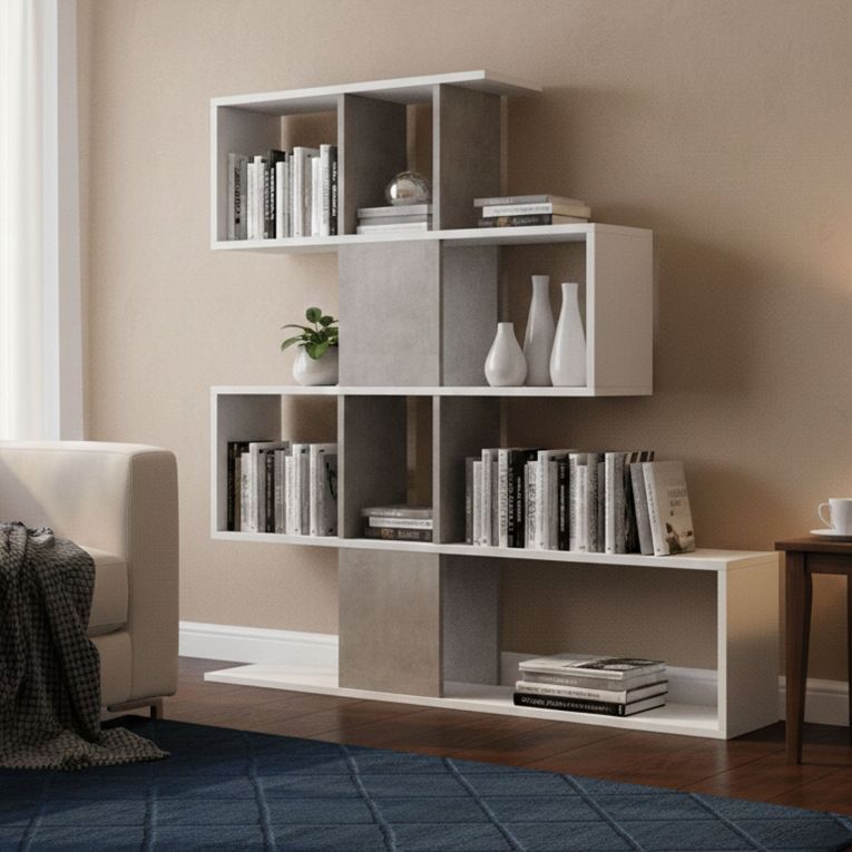 Libreria bifacciale bianca e cemento 145x145h cm - Allison