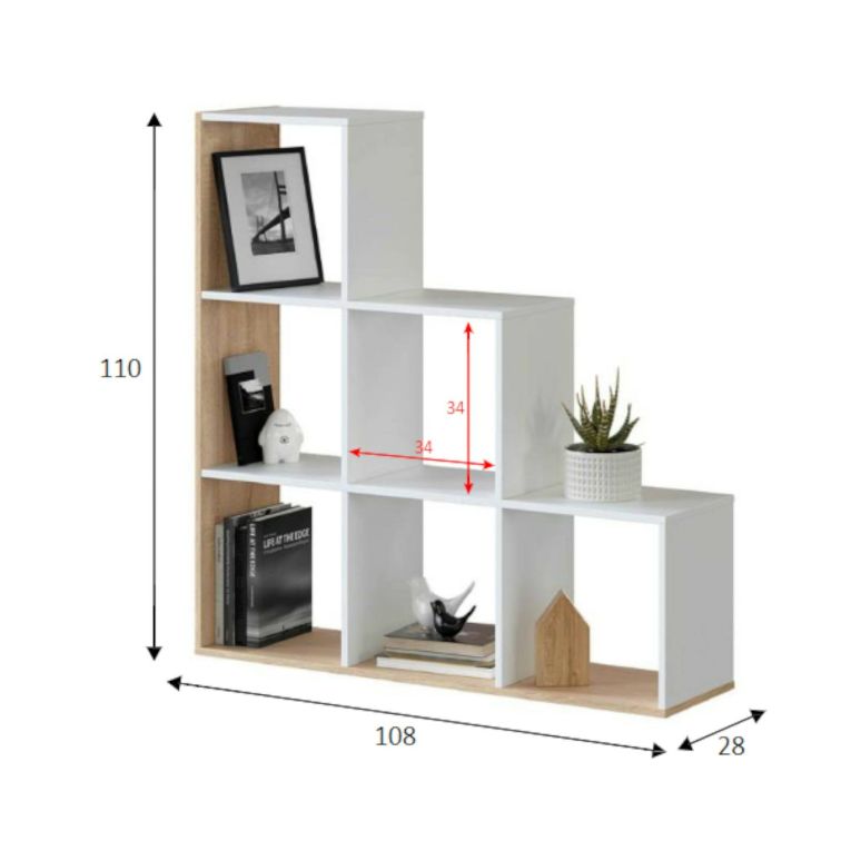 Libreria Cincinnati, Mobile portalibri bifacciale con 6 scomparti, Scaffale divisorio da ufficio, 108x28h110 cm, Bianco e Rovere