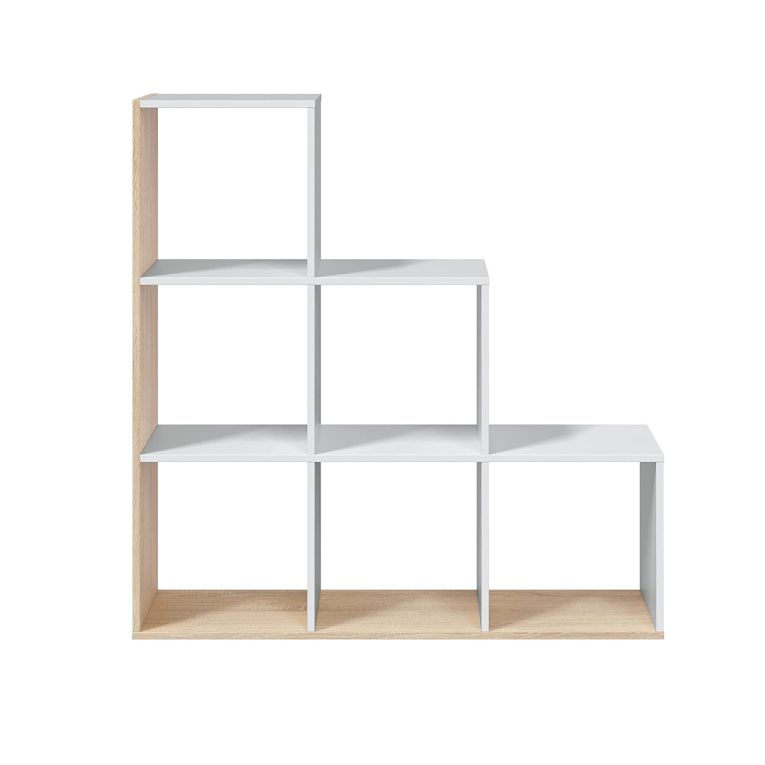 Libreria Cincinnati, Mobile portalibri bifacciale con 6 scomparti, Scaffale divisorio da ufficio, 108x28h110 cm, Bianco e Rovere