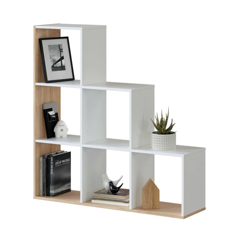 Libreria Cincinnati, Mobile portalibri bifacciale con 6 scomparti, Scaffale divisorio da ufficio, 108x28h110 cm, Bianco e Rovere