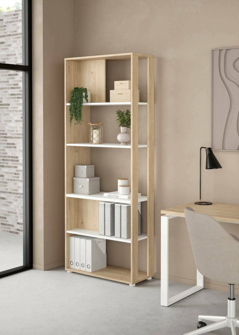 Libreria Colette, Scaffale da ufficio, Mobile portalibri, Biblioteca, 34x80 h205 cm, Rovere e Bianco