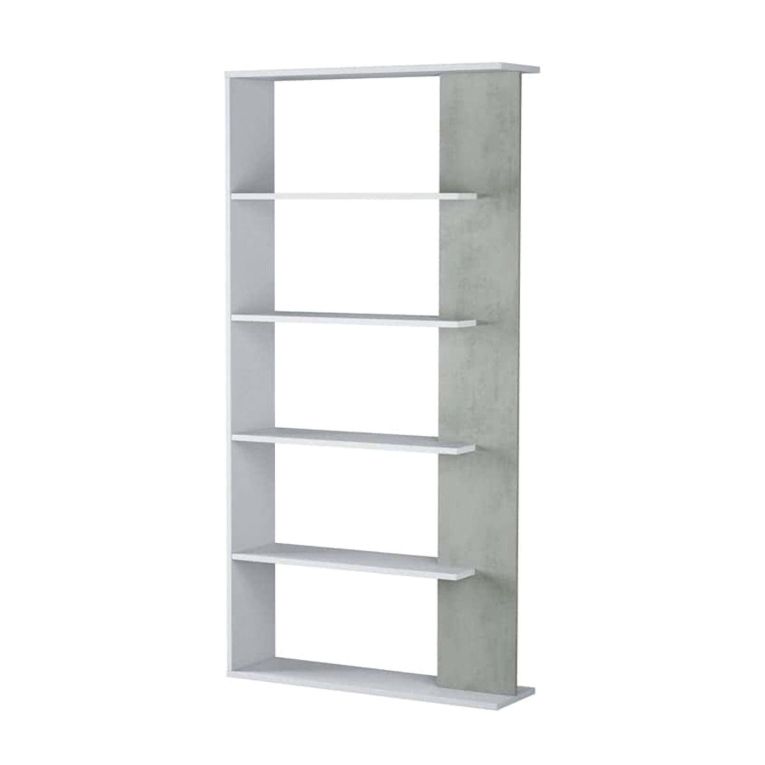 Libreria Columbia, Mobile portalibri bifacciale a 5 ripiani, Scaffale divisorio da ufficio o cameretta, 90x25h180 cm, Bianco e Cemento