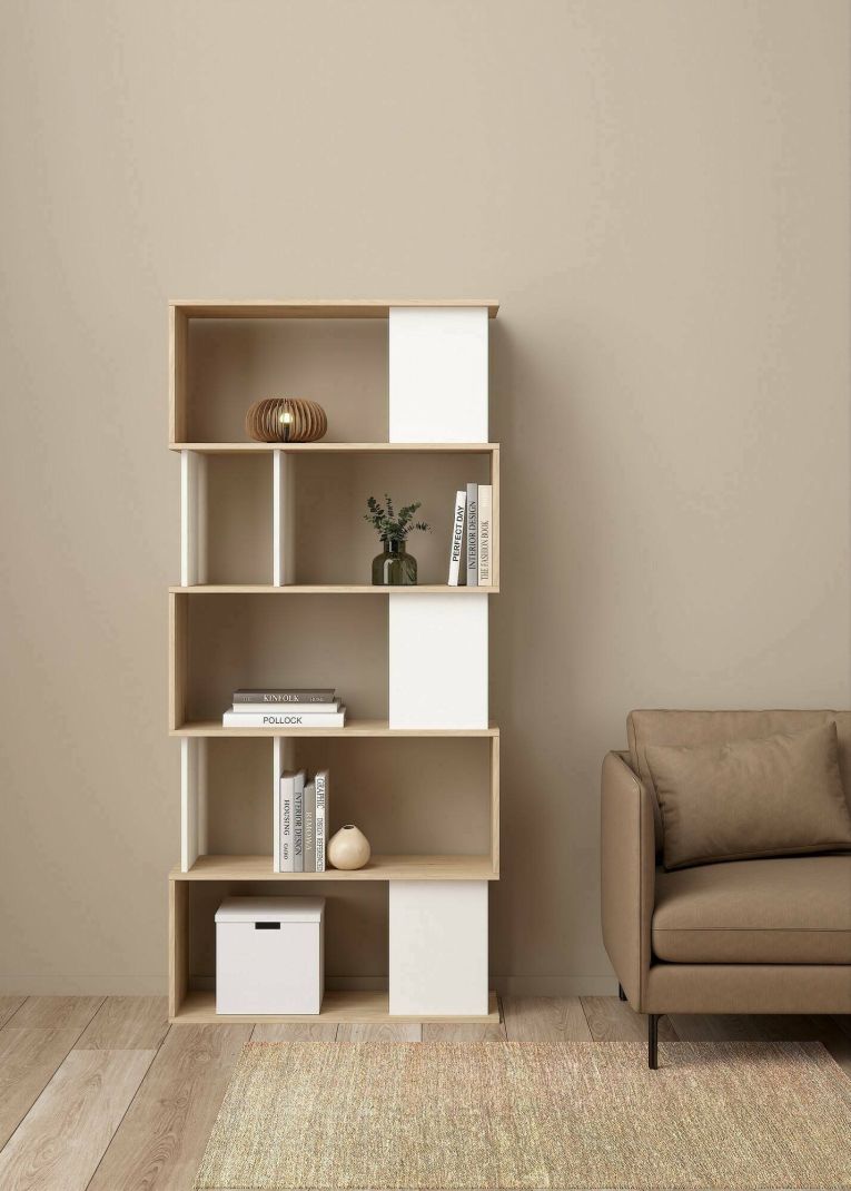Libreria Coralie, Scaffale da ufficio, Mobile portalibri, Biblioteca, 80x30 h174 cm, Rovere e Bianco