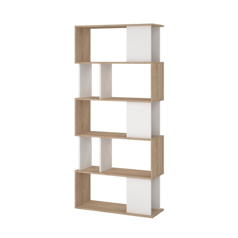 Libreria Coralie, Scaffale da ufficio, Mobile portalibri, Biblioteca, 80x30 h174 cm, Rovere e Bianco