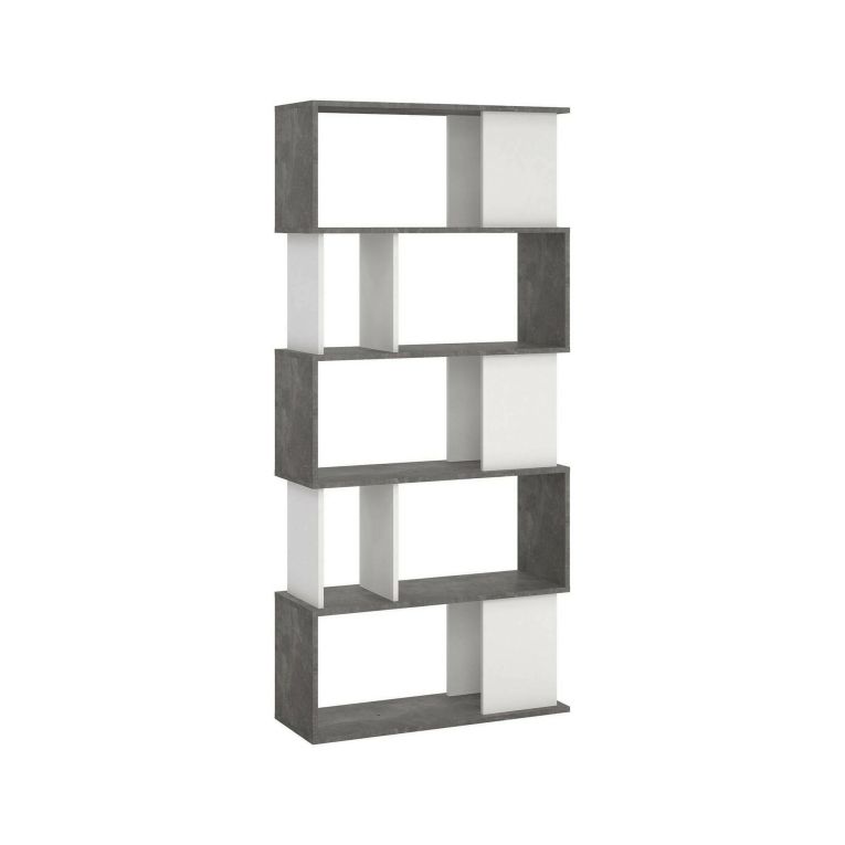 Libreria Coralie, Scaffale da ufficio, Mobile portalibri, Biblioteca, 80x30 h175 cm, Cemento e Bianco