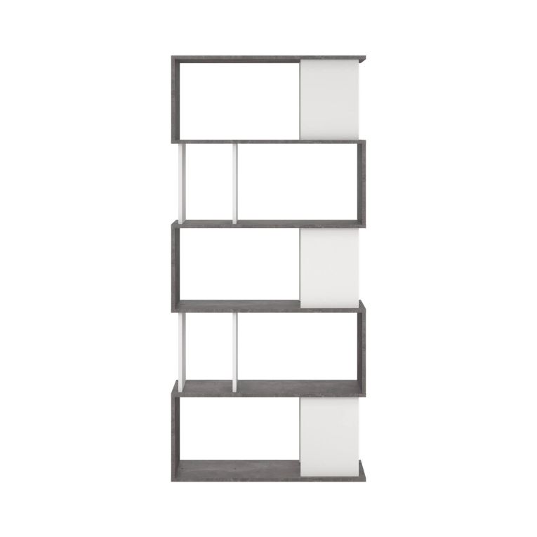 Libreria Coralie, Scaffale da ufficio, Mobile portalibri, Biblioteca, 80x30 h175 cm, Cemento e Bianco