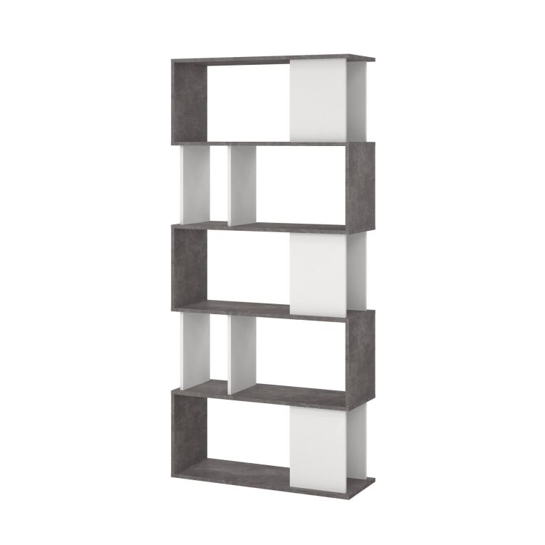 Libreria Coralie, Scaffale da ufficio, Mobile portalibri, Biblioteca, 80x30 h175 cm, Cemento e Bianco