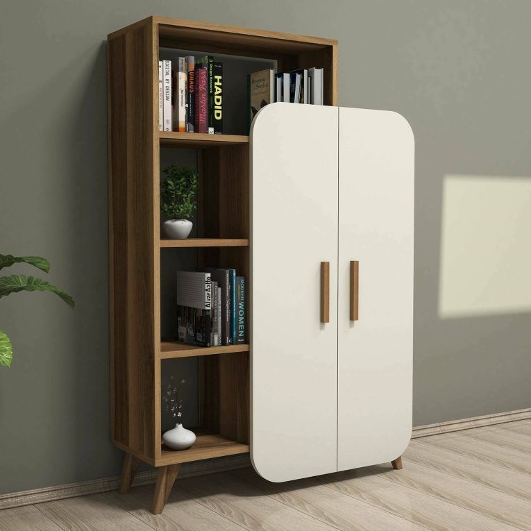 Libreria Enceladus, Scaffale da ufficio, Mobile portalibri, Biblioteca, 90x32 h132 cm, Noce e Crema