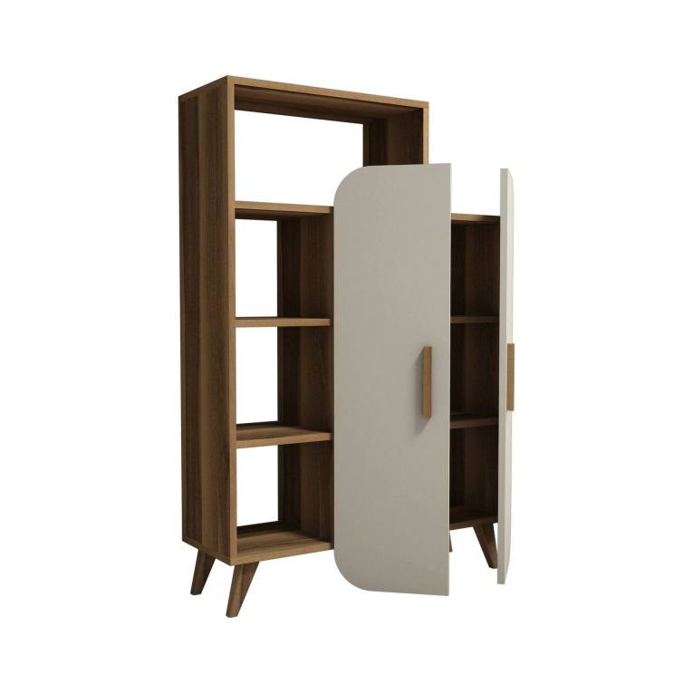 Libreria Enceladus, Scaffale da ufficio, Mobile portalibri, Biblioteca, 90x32 h132 cm, Noce e Crema