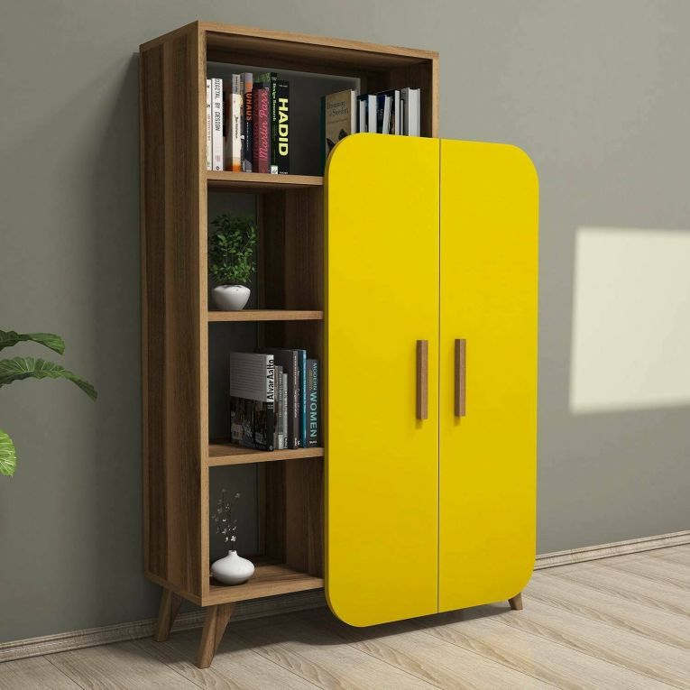 Libreria Enceladus, Scaffale da ufficio, Mobile portalibri, Biblioteca, 90x32 h132 cm, Noce e Giallo