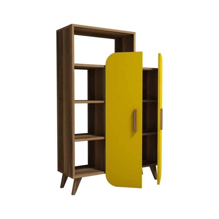 Libreria Enceladus, Scaffale da ufficio, Mobile portalibri, Biblioteca, 90x32 h132 cm, Noce e Giallo