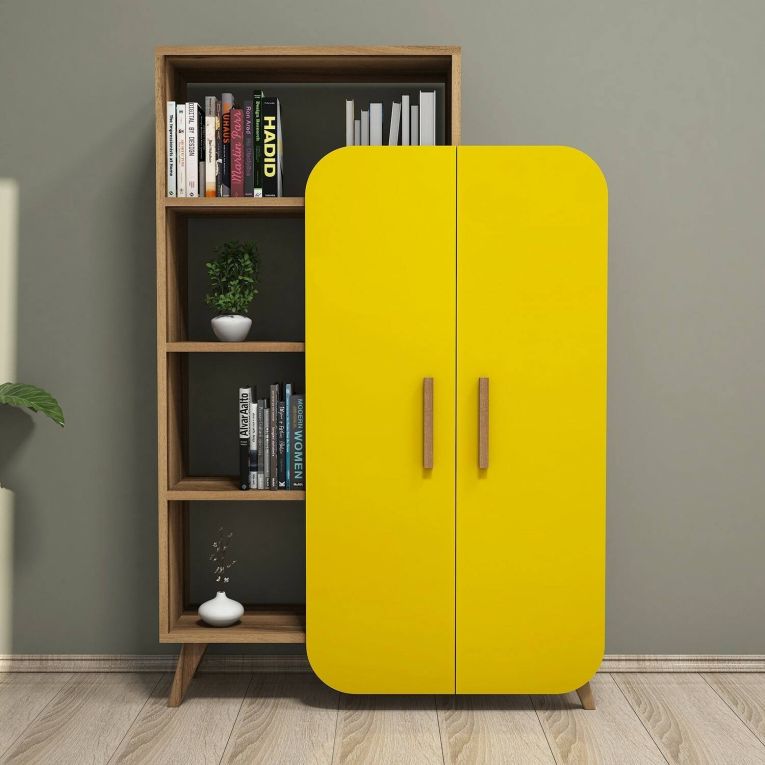 Libreria Enceladus, Scaffale da ufficio, Mobile portalibri, Biblioteca, 90x32 h132 cm, Noce e Giallo