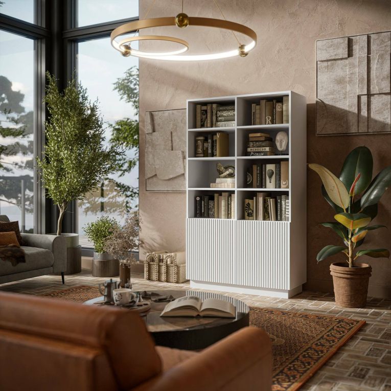 Libreria Evora, Mobile portalibri con vani aperti e due ante, Design moderno e minimale, 172x40 h100 cm, Bianco