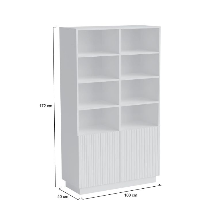 Libreria Evora, Mobile portalibri con vani aperti e due ante, Design moderno e minimale, 172x40 h100 cm, Bianco