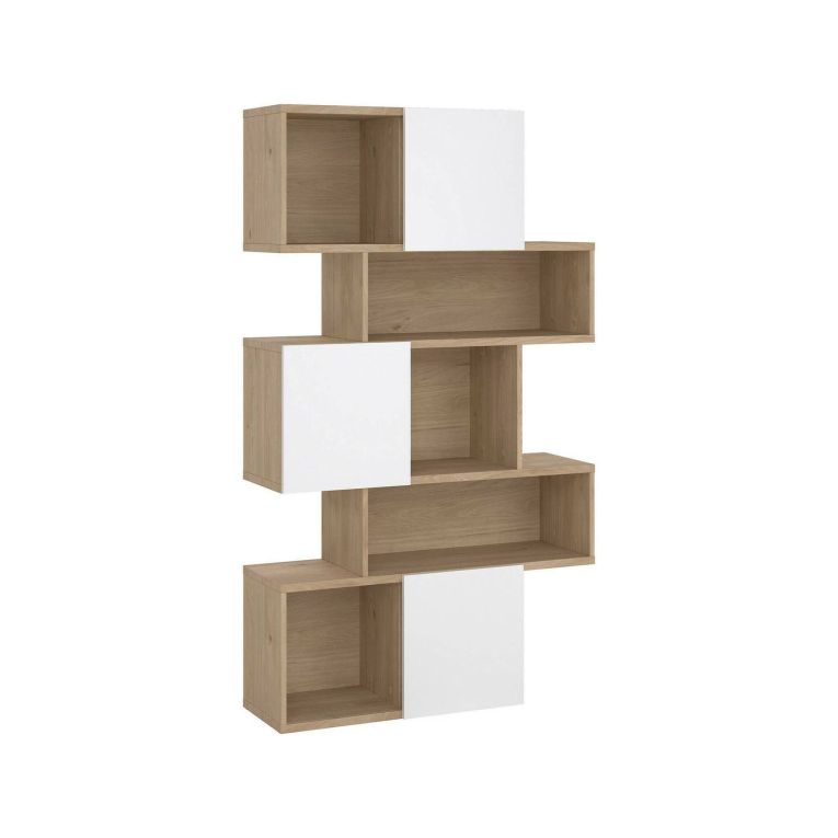 Libreria Flavie, Scaffale da ufficio, Mobile portalibri, Biblioteca, 32x96 h166 cm, Rovere e Bianco