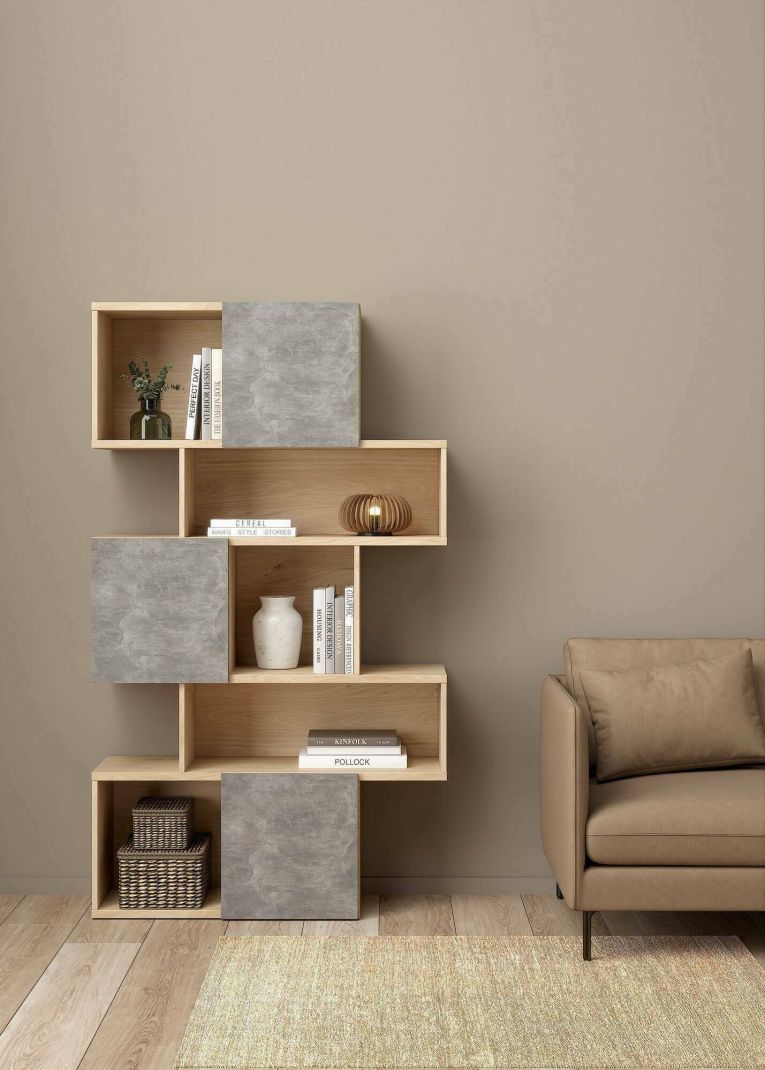 Libreria Flavie, Scaffale da ufficio, Mobile portalibri, Biblioteca, 32x96 h166 cm, Rovere e Cemento