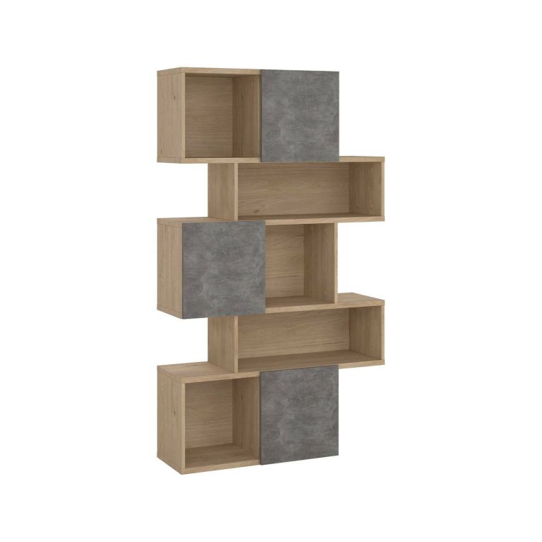 Libreria Flavie, Scaffale da ufficio, Mobile portalibri, Biblioteca, 32x96 h166 cm, Rovere e Cemento