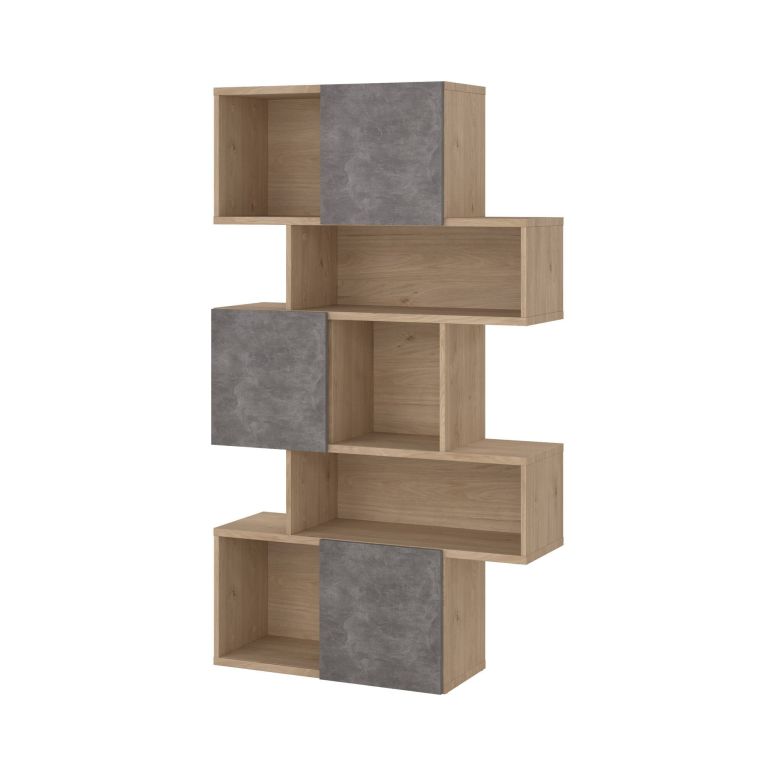 Libreria Flavie, Scaffale da ufficio, Mobile portalibri, Biblioteca, 32x96 h166 cm, Rovere e Cemento