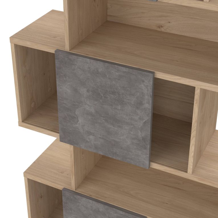 Libreria Flavie, Scaffale da ufficio, Mobile portalibri, Biblioteca, 32x96 h166 cm, Rovere e Cemento