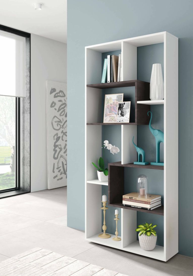Libreria Fremont, Mobile portalibri multiposizione con 8 scomparti, Scaffale da ufficio, Scaffale divisorio per camera, 80x25h180 cm, Bianco e Ossido