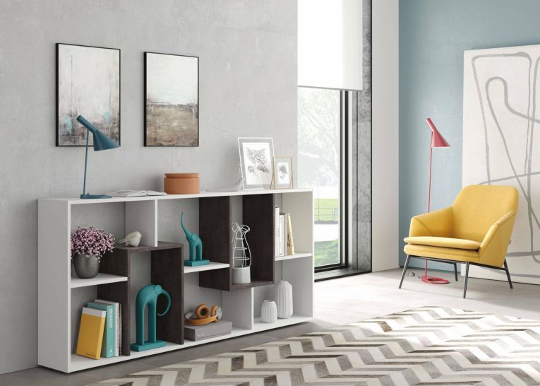 Libreria Fremont, Mobile portalibri multiposizione con 8 scomparti, Scaffale da ufficio, Scaffale divisorio per camera, 80x25h180 cm, Bianco e Ossido
