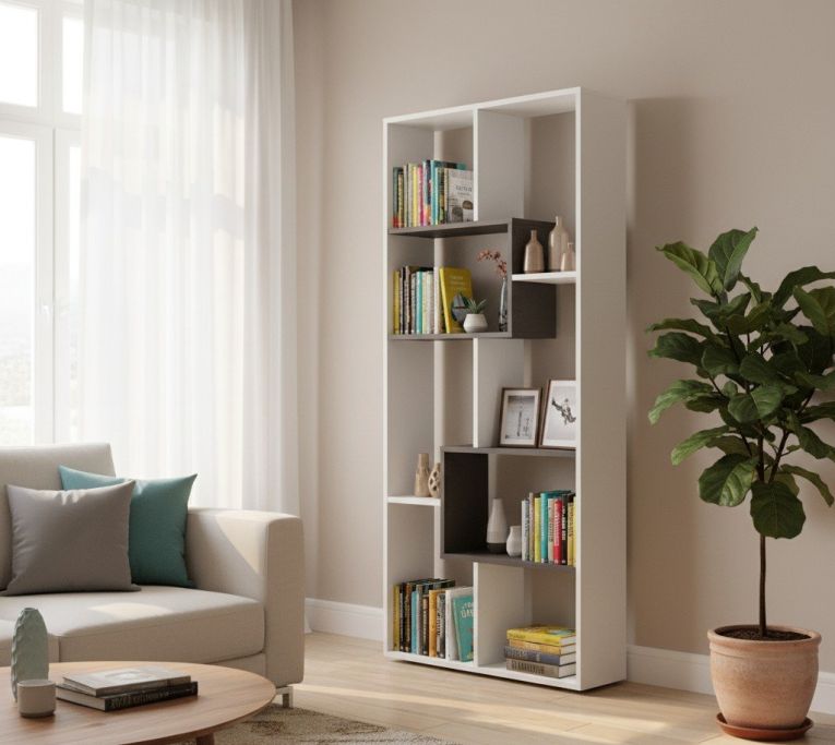 Libreria Fremont, Mobile portalibri multiposizione con 8 scomparti, Scaffale da ufficio, Scaffale divisorio per camera, 80x25h180 cm, Bianco e Ossido