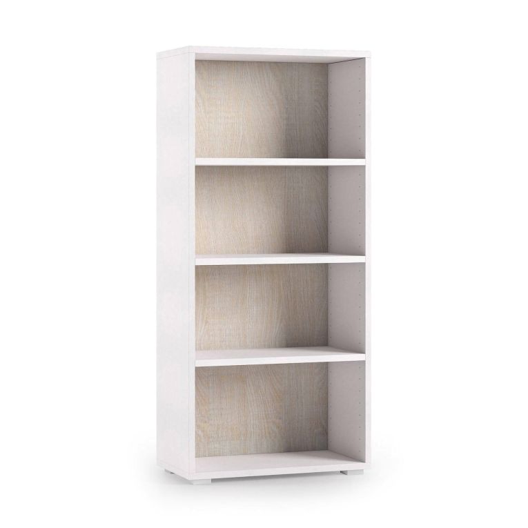 Libreria Giacinto, Biblioteca a 3 ripiani regolabili, Scaffale per libri, Mobile da parete con ripiani, 100% Made in Italy, 60x30h130 cm, Bianco e Rovere