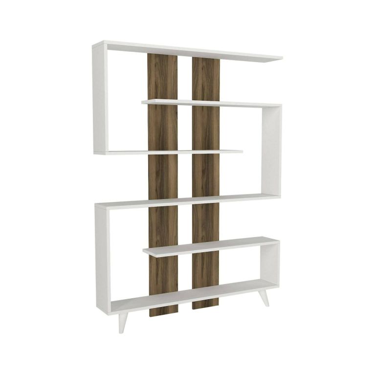 Libreria Gienah, Scaffale da ufficio, Mobile portalibri, Biblioteca, 120x20h162 cm, Bianco e Noce