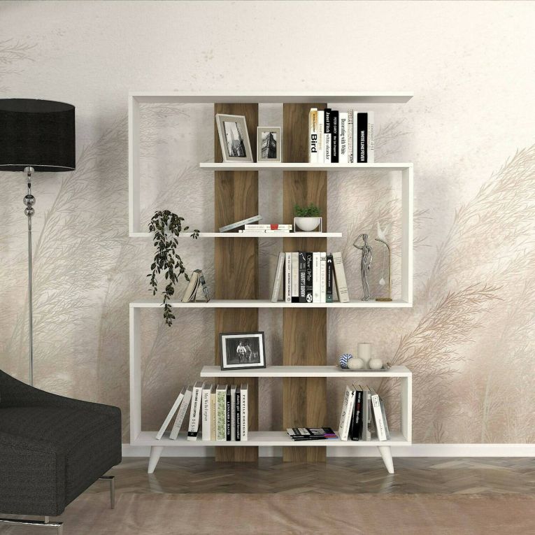 Libreria Gienah, Scaffale da ufficio, Mobile portalibri, Biblioteca, 120x20h162 cm, Bianco e Noce
