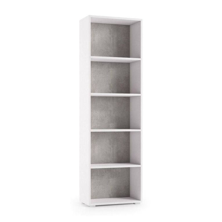 Libreria Girasole, Biblioteca a 4 ripiani regolabili, Scaffale per libri, Mobile da parete con ripiani, 100% Made in Italy, 60x30h195 cm, Bianco e Cemento