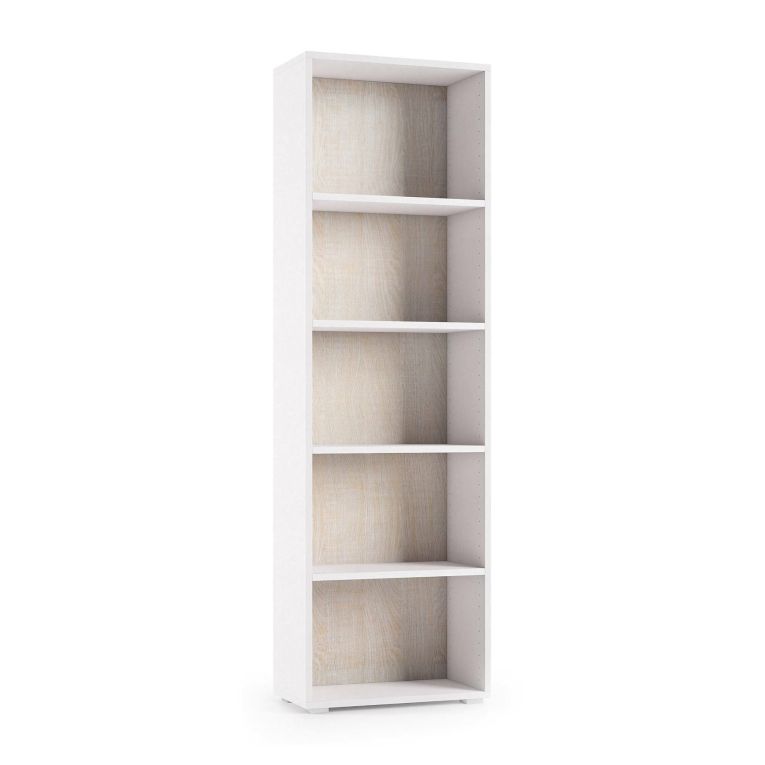 Libreria Girasole, Biblioteca a 4 ripiani regolabili, Scaffale per libri, Mobile da parete con ripiani, 100% Made in Italy, 60x30h195 cm, Bianco e Rovere