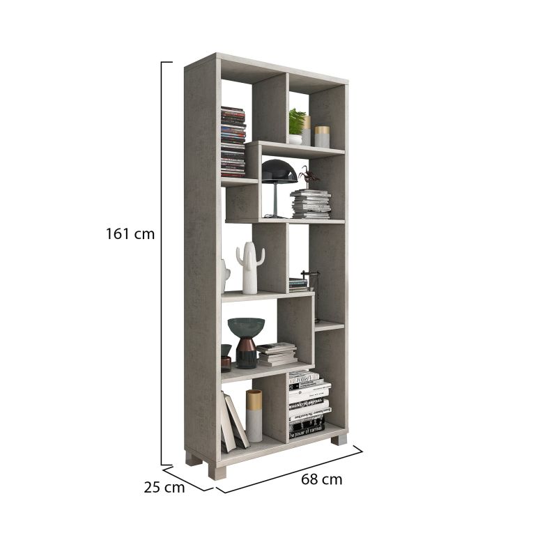 Libreria Grigio Cemento 8 Ripiani Installazione a Terra 68x25x161h cm, Struttura Aperta - Veniano