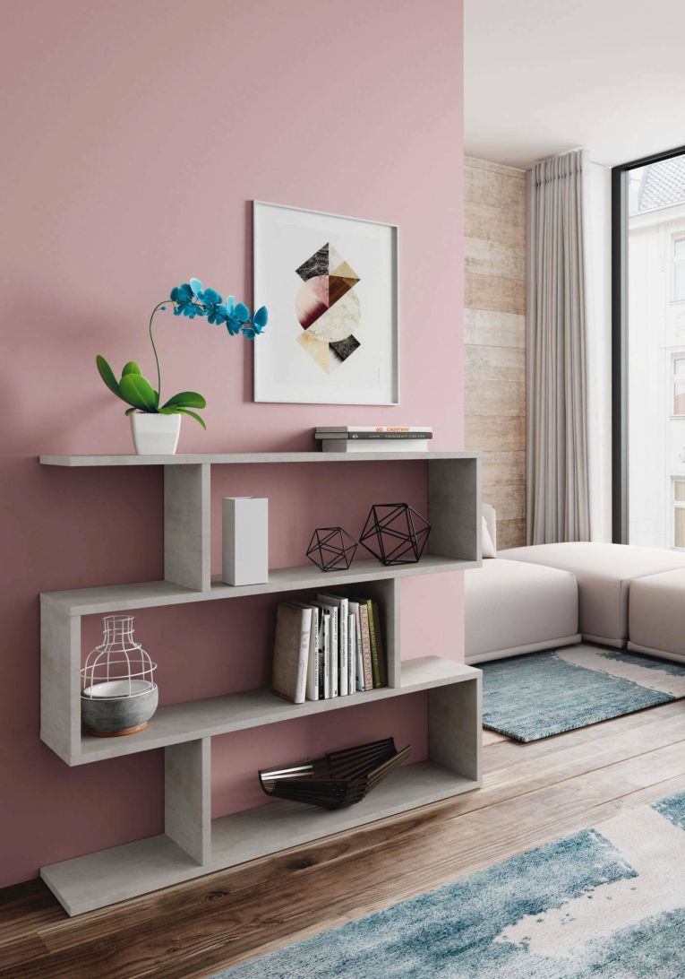 Libreria Hampton, Mobile portalibri bassa bifacciale, Scaffale con tre scomparti, Scaffale moderno da ufficio, 110x24h97 cm, Grigio cemento