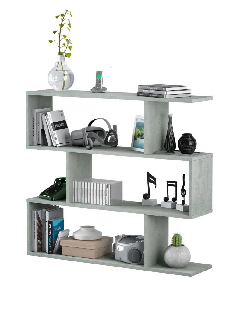 Libreria Hampton, Mobile portalibri bassa bifacciale, Scaffale con tre scomparti, Scaffale moderno da ufficio, 110x24h97 cm, Grigio cemento