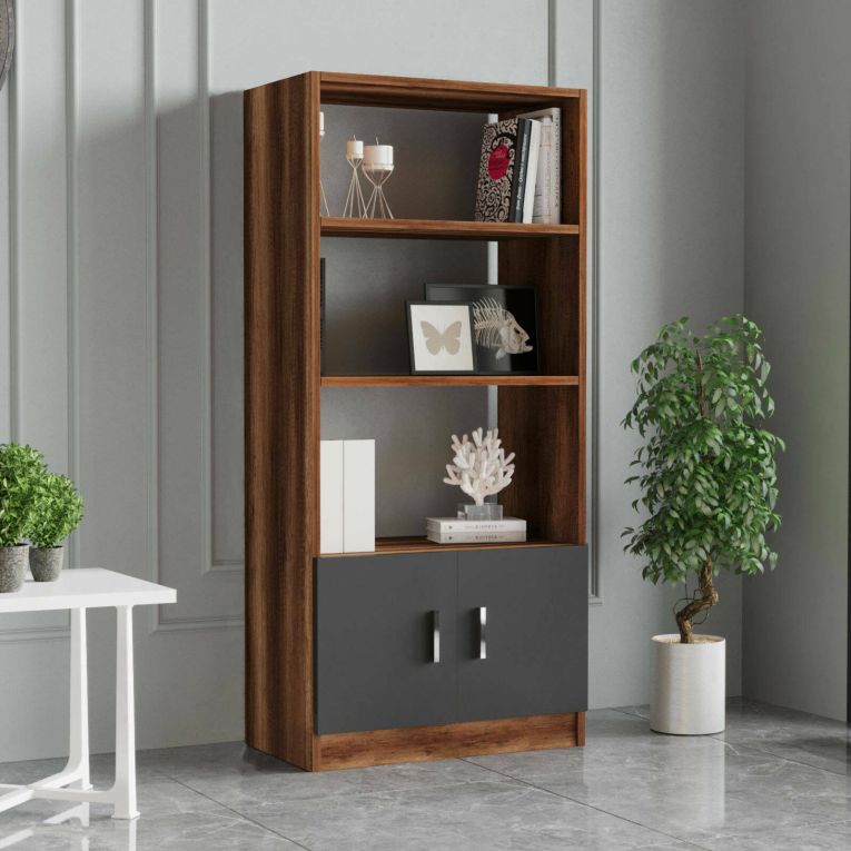 Libreria Haris, Scaffale da ufficio, Mobile portalibri, Biblioteca, 64x38 h140 cm, Noce e Antracite