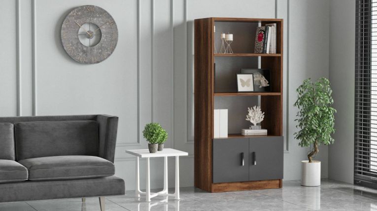 Libreria Haris, Scaffale da ufficio, Mobile portalibri, Biblioteca, 64x38 h140 cm, Noce e Antracite