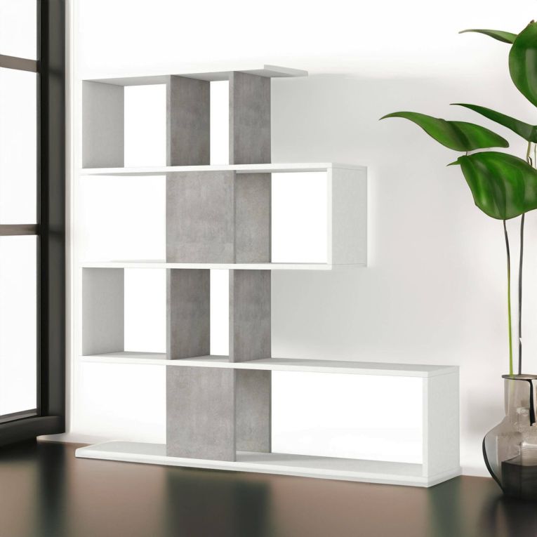 Libreria Hoya, Biblioteca bifacciali a 5 ripiani, Scaffale a zig zag per libri, Mobile da parete con ripiani, 100% Made in Italy, 145x29h145 cm, Bianco e Cemento