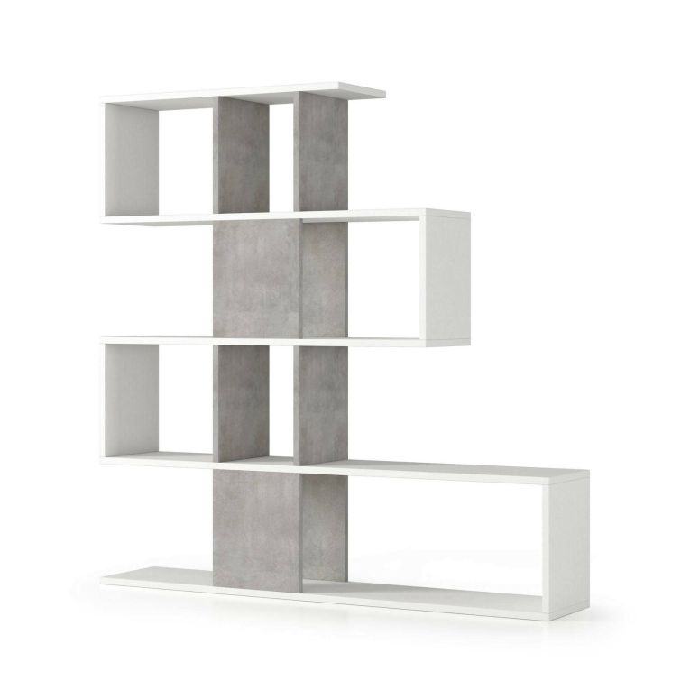 Libreria Hoya, Biblioteca bifacciali a 5 ripiani, Scaffale a zig zag per libri, Mobile da parete con ripiani, 100% Made in Italy, 145x29h145 cm, Bianco e Cemento