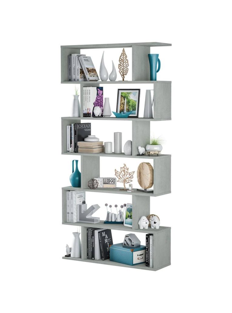 Libreria Joliet, Mobile portalibri alta bifacciale, Scaffale divisorio con 5 ripiani, Scaffale da ufficio moderno, 80x24h192 cm, Grigio cemento