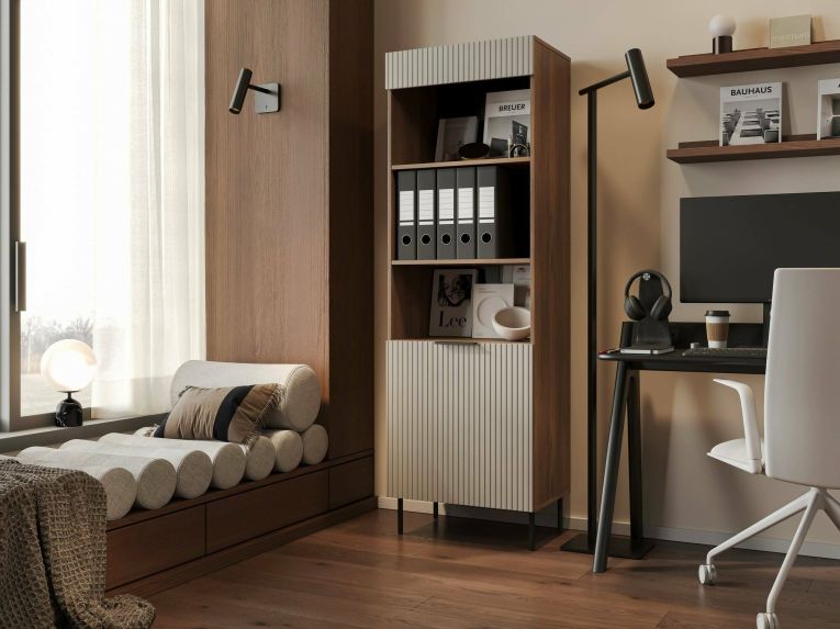 Libreria Lourosa, Mobile portalibri con vani aperti e un'anta, Design moderno e minimale, 185x42 h60 cm, Noce e Beige