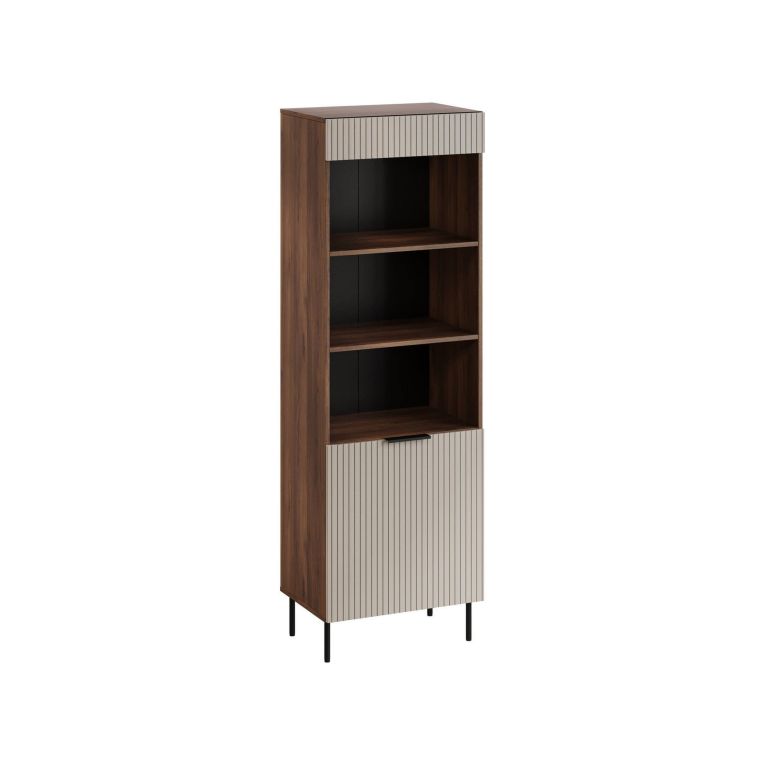 Libreria Lourosa, Mobile portalibri con vani aperti e un'anta, Design moderno e minimale, 185x42 h60 cm, Noce e Beige