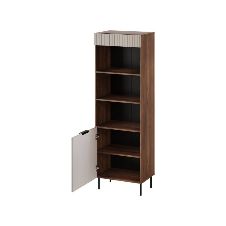 Libreria Lourosa, Mobile portalibri con vani aperti e un'anta, Design moderno e minimale, 185x42 h60 cm, Noce e Beige
