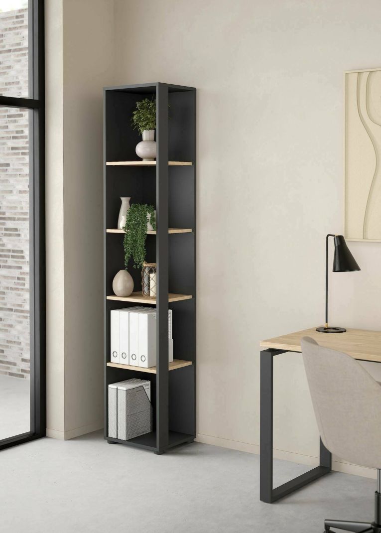 Libreria Marguerite, Scaffale da ufficio, Mobile portalibri, Biblioteca, 34x41 h205 cm, Rovere e Grigio