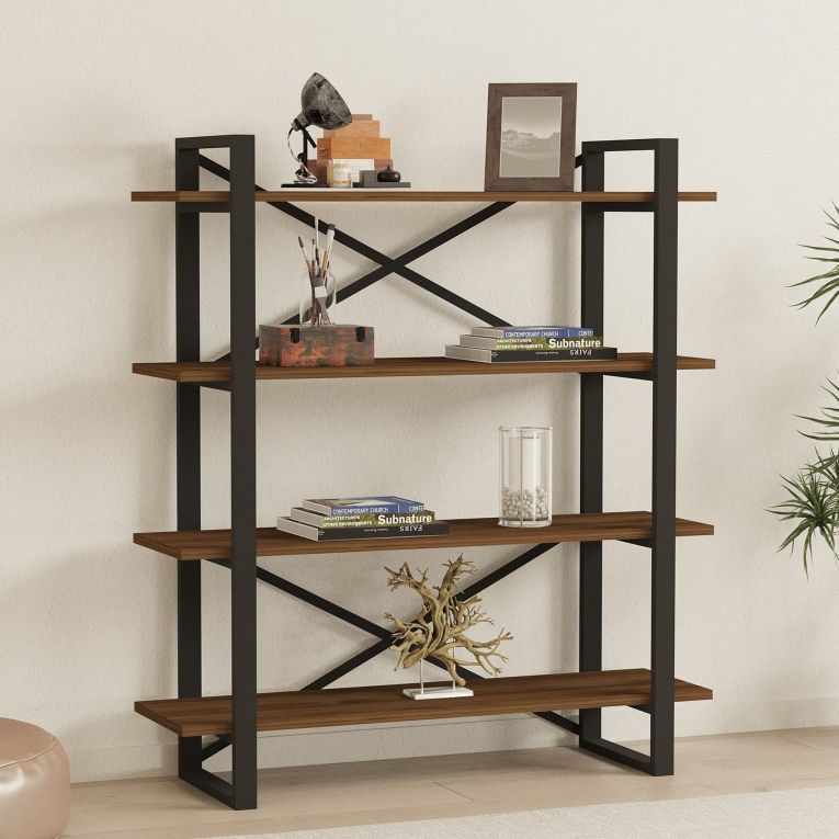Libreria Marrone Nero 4 Ripiani Installazione Libera 106x33x120h cm, Materiale Struttura in Metallo - Inverigo